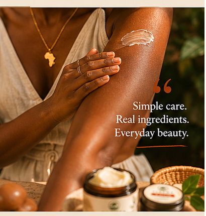 Smoothing SHAMBA cream onto skin, wearing a gold Africa pendant