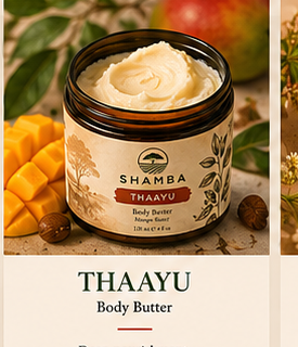 Open jar of THAAYU body butter with mango