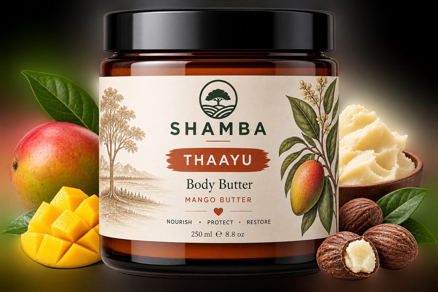 THAAYU body butter jar with mango and shea, studio still