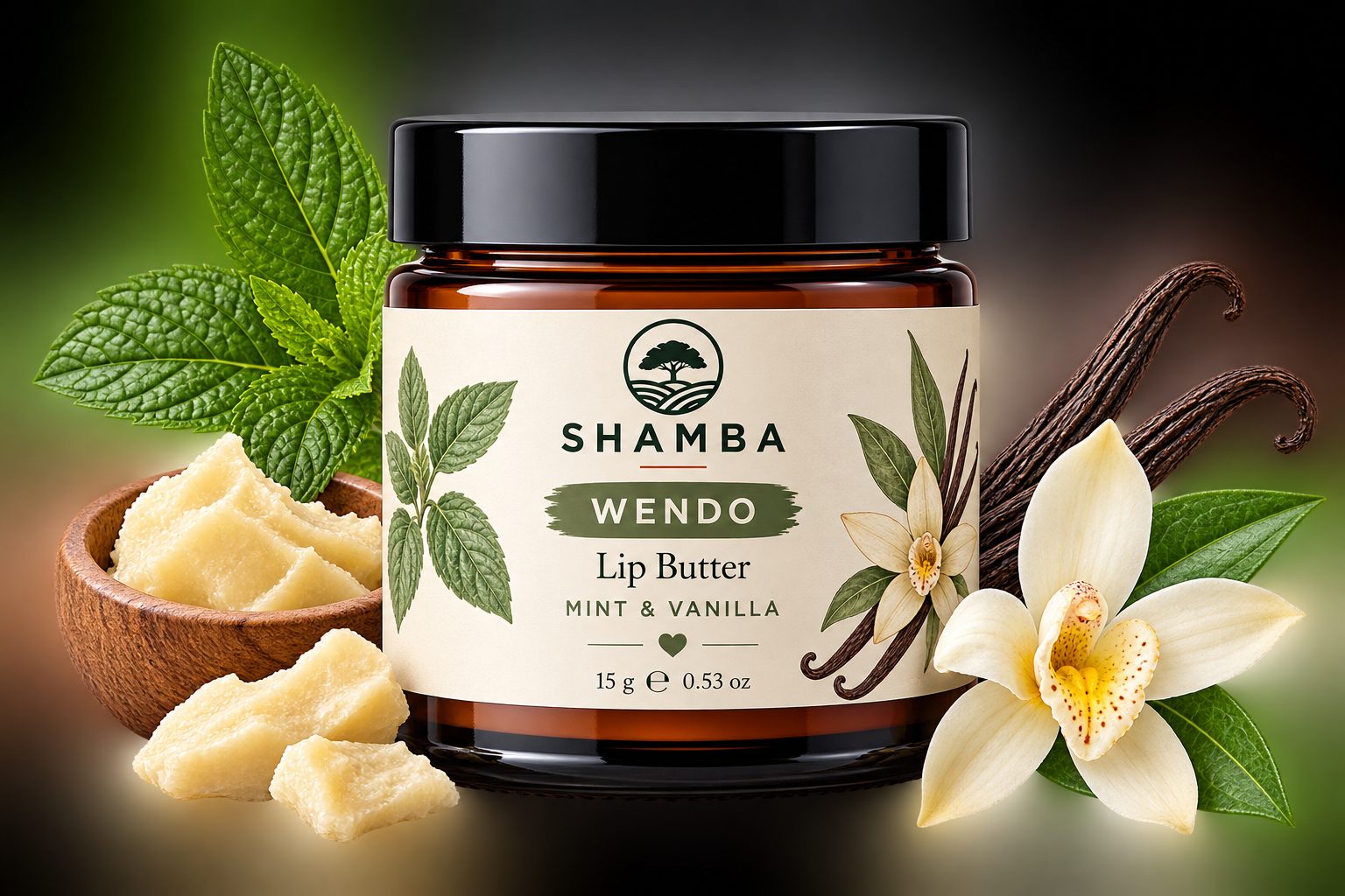 WENDO lip balm studio still with shea and botanicals